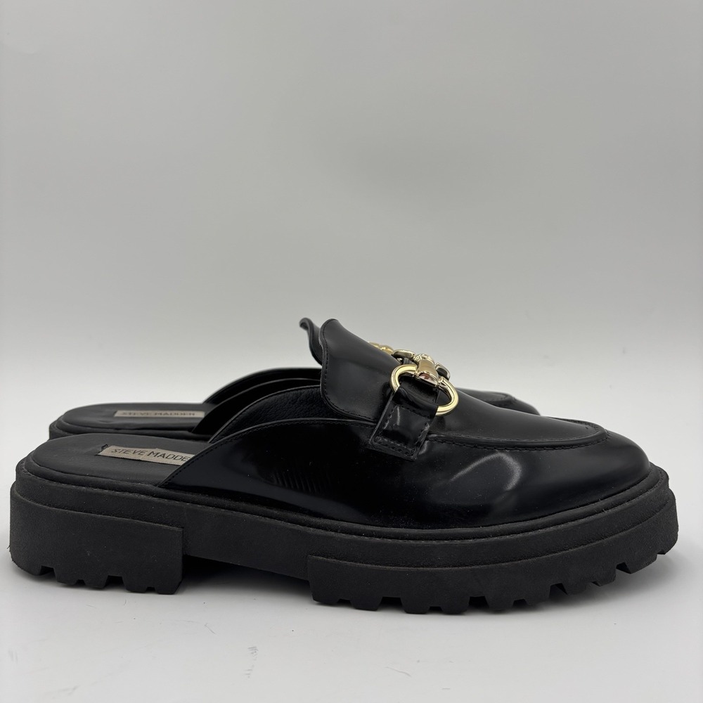 Steve Madden Missk Mules Women's 9.5 Loafer Black Patent Chunky Y2K 90s Slip On
